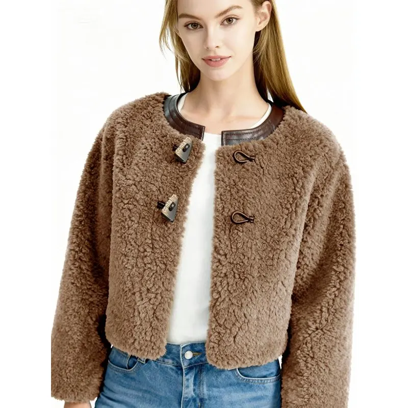 Color-blok Crewneck Toggle Buttons Lomme Sherpa-jakke